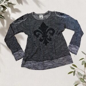 Vocal Y2K Fleur De Lis Rhinestone Sweater Black Gray Striped Goth USA 1XL